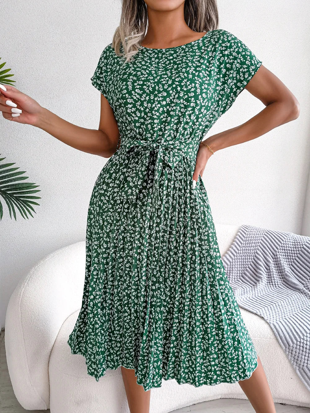 Floral Pleated Short Sleeve High Waist Chic Dress