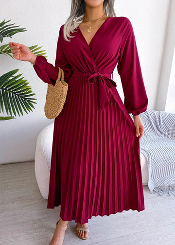 V Neck Long Sleeve Pleated Maxi Dress